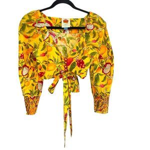 Farm Rio Deep V Tie Front Long Sleeve Crop Top Yellow Size XS